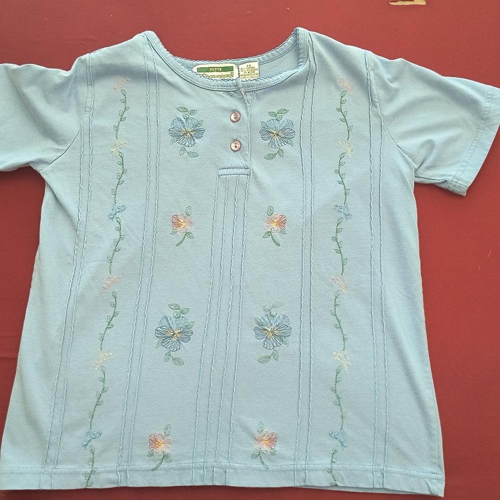 Shenanigans Blue and Green Short Sleeve Tee with Floral Embroidery